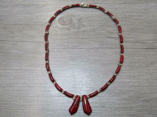 950 Silver Jewelry Necklace Vintage Mexico Collar Style Red Stone Inlay Links
