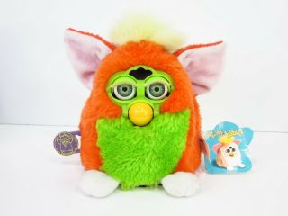 Vintage 1999 Furby Babies Orange & Green Body Yellow Hair With Tags - Cute