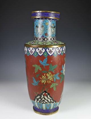 Large Antique Chinese Cloisonne Rouleau Form Vase With Flowers
