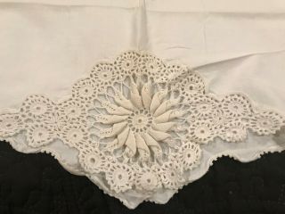 2 (pair) Vintage Embroidered Pillowcase Gorgeous Crocheted Inset