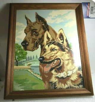Large Vintage Paint By Number Painting - Great Dane & German Shepherd Dog