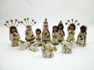 Vintage 14 Pc.  Clay/ceramic Miniature Nativity Set Hand Painted