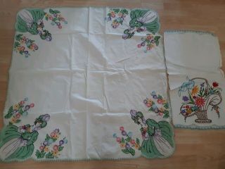 Vintage Hand Embroidered Tablecloth And Table Runner Floral Victorian Girl Linen