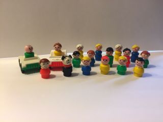 Vintage Fisher Price Little People 17 Figures.  2 Cars