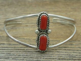 Vintage Old Navajo Signed B Sterling Silver Red Coral Cuff Bracelet