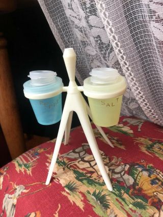 Vintage Tupperware Salt & Pepper Shakers With Atomic Sputnik Space Age Stand