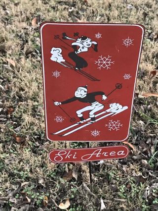 Vintage Ski Area Metal Sign On Pole Retro 1950’s Skiing Winter Snow Flakes