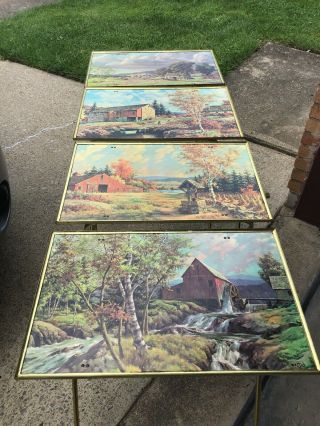 Vintage Mid - Century Set (4) Tv Trays With Storage Case Country Scenes