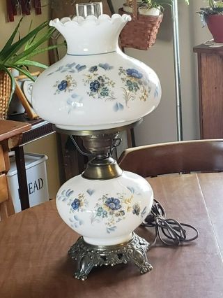 Vintage Hurricane Lamp Gone With The Wind Style Blue Flowers Frosted Chimney