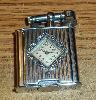 Early Golden Wheel Lift Arm Lighter With Clock Watch/rare