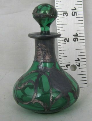 Vintage Antique Art Nouveau Green Glass Sterling Silver Overlay Perfume Bottle