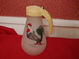 Vintage Hazel Atlas Frosted Glass Hand Painted Rooster Syrup Pitcher Dispenser