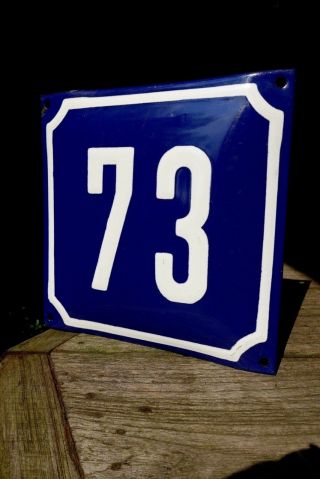 Vintage Blue French Enamel Metal House Flat Cottage Number  73  Sign Plaque