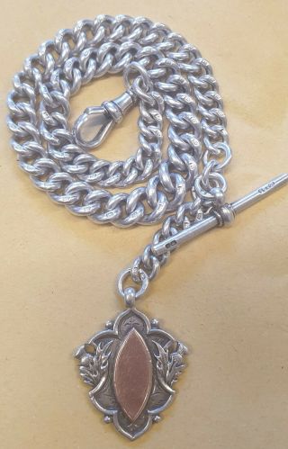 Antique Sterling Silver Graduating Albert Watch Chain With T - Bar & Fob 60.  2g