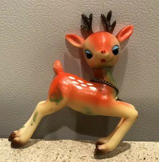 Vintage Christmas Plastic Big Blue Eyed Reindeer Deer Rare Bell 1960’s Japan