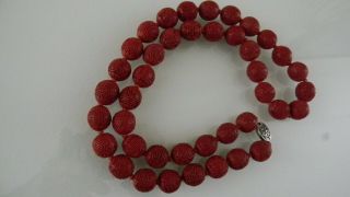 Vintage - Chinese Red Cinnabare - Shou - Beaded Necklace W/ Filigree Silver Clasp