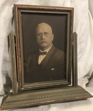 Vintage 1920’s Picture Of Man In Flip Rotating Wood Frame 5”x 7”