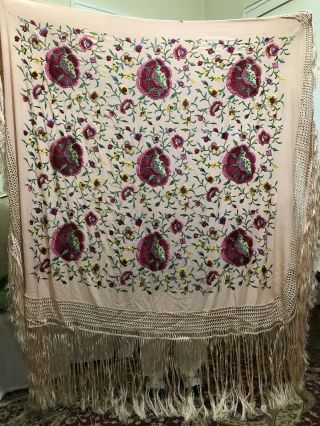 ANTIQUE VINTAGE CANTON EMBROIDERED SILK SPANISH PIANO SHAWL EMBROIDERY PEACH 2