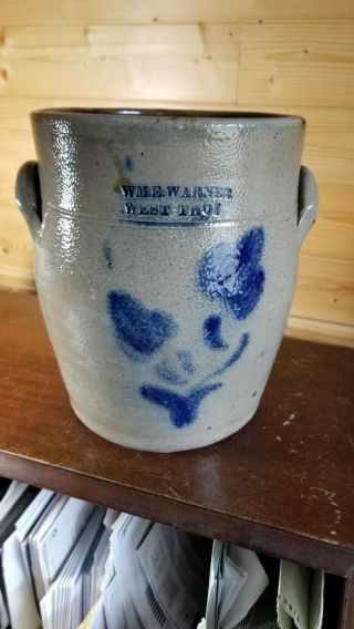 Antique West Troy Ny Blue Flower Decorated Crock Jug Stoneware Rare Warner