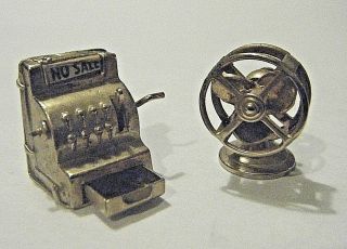 Vintage 3/4 " Miniature Doll House Spinning Brass Fan And Opening Cash Register