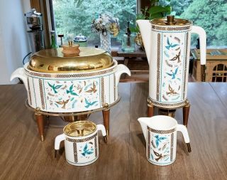 Georges Briard Enamel Chafing Set Coffee Pot,  Sugar Dish,  Creamer,  And Casserole