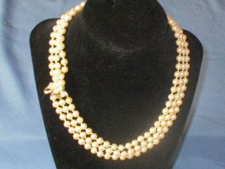 Vintage Signed Richelieu Gold - Tone 3 Strand Faux Pearl Rhinestone Clasp Necklace