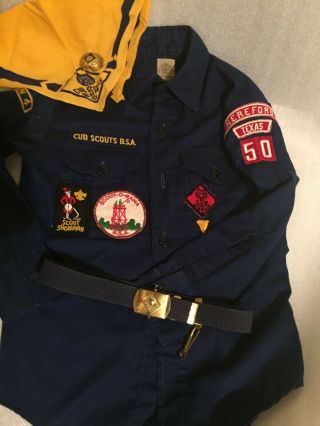 Vintage Bsa Cub Scout Uniform Shirt Patches Long Sleeve Neckerchief Slide Belt