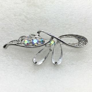 Vintage Flower Spray Brooch Pin Clear Glass Ab Rhinestone Silver Tone Jewelry
