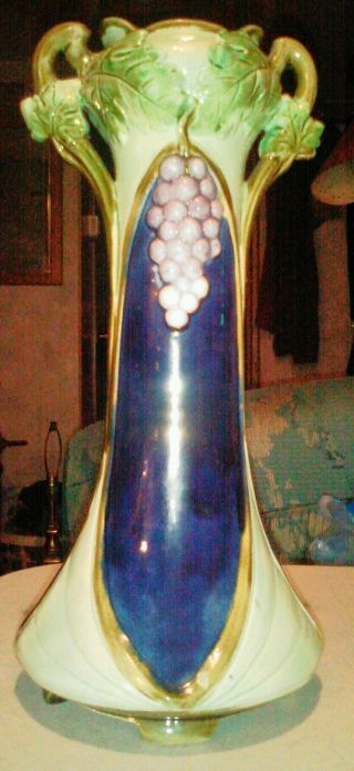 Austria Majolica Art Nouveau 11 3/4 Inch Vase Grape Vine