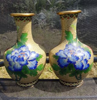 Pair Vintage Chinese Cloisonne Vases With Flowers Decoration