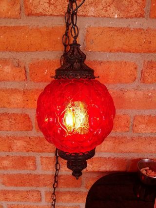 Vintage Mid Century Red Swag Hanging Light With Diffuser Round Glass Globe Art