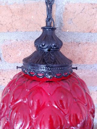 Vintage Mid Century Red Swag Hanging Light with Diffuser Round Glass Globe Art 2