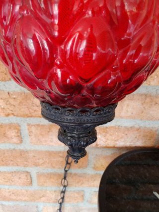 Vintage Mid Century Red Swag Hanging Light with Diffuser Round Glass Globe Art 3