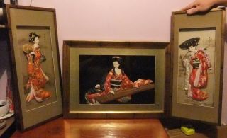 3 X Stunning Oriental Geisha Boxed Framed Wall Art Pictures In 3d Effect.