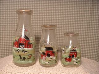 3 Vintage Milk Bottles Hand Painted Country Farm Scenes Folk Art