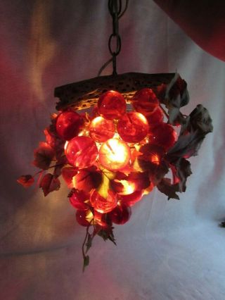 Vintage 1960’s Large Red Lucite Acrylic Grape Cluster Hanging Lamp W Driftwood