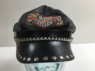 Vintage Harley Davidson Leather Captain " S Cabbie Hat Adjustable Usa Made