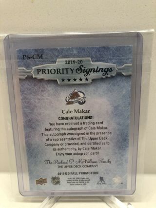19 - 20 UD Parkhurst Promotion Priority Signings Cale Makar /75 2