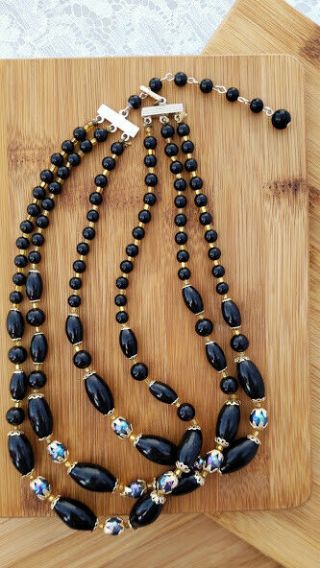 Rare Vintage Marked Japan Black Beaded Gold/silver And Rainbow Glass Beads