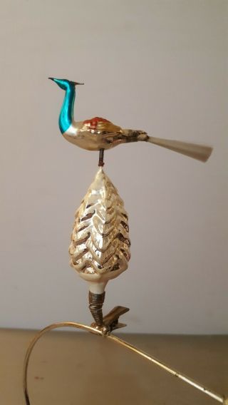 Unusual Antique Vintage German Glass Bird On A Tree On A Clip.
