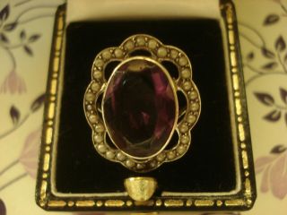 Antique Art Deco: Amethyst Gemstone & Seed Pearls Sterling Silver Ring