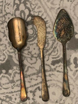 90 Gr Silver Plated Vintage Sheffield England 3 Cheese Server Set Natural Patina