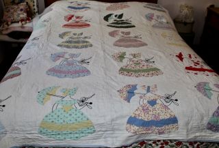 Vintage Southern Belle/umbrella Embroidered Quilt - Hand Stitched & Hand Quilted