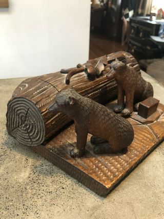 Antique German Black Forest Carved Wood Bears Cigarette Holder Match Box Holder