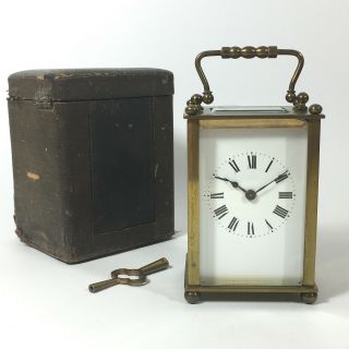 French Antique Brass Carriage Clock Early 1900’s Case & Key