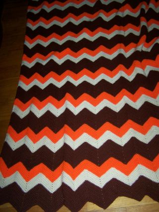 Vintage Afghan Crochet Blanket Chevron Zig Zag Fall Color Orange Brown Cream 70s