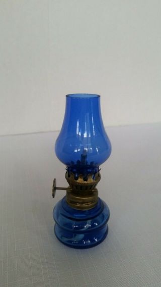 Vintage Small Cobalt Blue Glass Oil Lamp Made In Hong Kong Collectible Mini 4 "