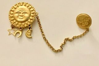 Vintage Gold Tone Double Pin Sun Moon Stars Chain Brooch Pin Jewelry