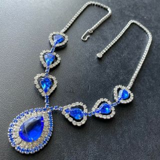 High End Vintage Sapphire Pear Tear Drop Crystal Rhinestone Necklace Pretty 257