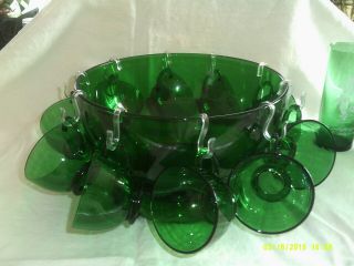 Vintage Anchor Hocking Forest Green Punch Bowl Set - Bowl,  Base,  Cups 12 Piece